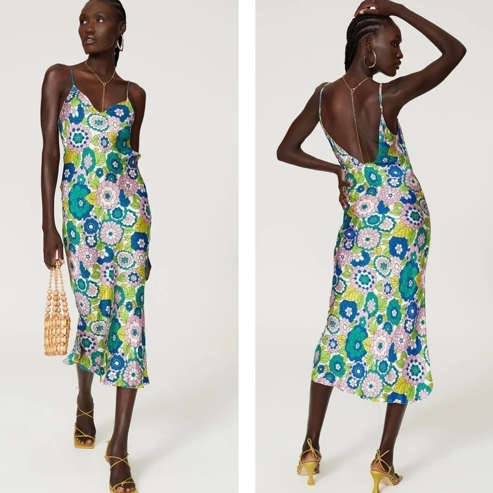 Dodo Bar Or Floral Retro Silk Satin Slip Corinna Midi Dress Size 42